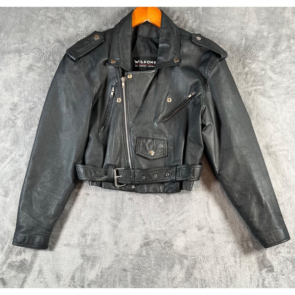 Vtg Wilsons Leather Motorcycle Jacket Womens Medium Black Biker Moto Belted 80s